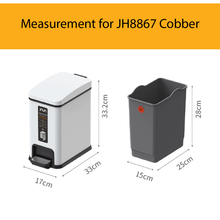 Load image into Gallery viewer, JAVA JH8867 Cobber compact stainless steel step-on trash / rubbish bin measurement 17cm by 33cm by 33.2cm. Dimensions with removable inner bin measurement 15cm by 25cm by 28cm, space-saving waste bin for kitchen or bathroom use