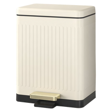 Load image into Gallery viewer, Square pedal trash bin with textured exterior, soft neutral finish, and sturdy foot pedal for hands-free use
