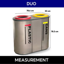 Load image into Gallery viewer, DUO dual recycling bin with separate plastic and cans compartments, stainless steel waste sorting station with dimensions 78.6cm x 42cm x 78.3cm
