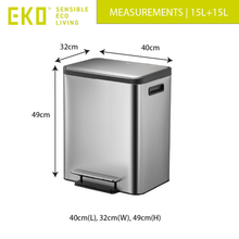 Load image into Gallery viewer, EKO 15L+15L dual compartment stainless steel step trash can dimensions, 40cm length, 32cm width, 49cm height, modern kitchen recycling bin