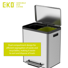 Load image into Gallery viewer, EKO dual compartment stainless steel trash can with lid open, kitchen recycling bin for separating waste and recyclables with foot pedal