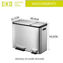 Load image into Gallery viewer, 2-in-1 EKO stainless steel trash / rubbish can with double pedal and handle at the side labled dimensions 60.5cm by 32.1cm by 49.2cm 