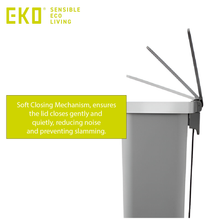 Load image into Gallery viewer, EKO stainless steel step trash can with soft-close lid mechanism, quiet closing kitchen bin that prevents slamming and reduces noise