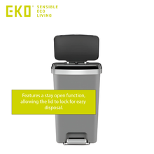 Load image into Gallery viewer, EKO stainless steel step trash can with stay-open lid feature, hands-free pedal bin for kitchen, modern soft-close waste bin design