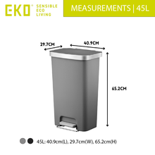 Load image into Gallery viewer, EKO 45L rectangular stainless steel step-on trash / rubbish can dimensions, 40.9cm length, 29.7cm width, 65.2cm height, modern kitchen pedal bin