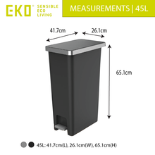 Load image into Gallery viewer, 45L black trash / rubbish step-on bin with measurements labeled 41.7cm by 26.1cm by 65.1cm