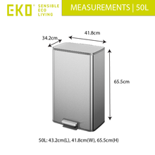 Load image into Gallery viewer, 50L EKO stainless steel step-on trash / rubbish bin with measurements 43.2cm by 41.8cm by 65.5cm