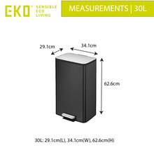 Load image into Gallery viewer, 30L EKO Black trash / rubbish step-on bin with measurements labeled 29.1cm by 34.1cm by 62.6cm