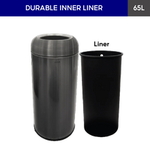 Load image into Gallery viewer, 65L open-top cylindrical stainless steel trash/rubbish bin with a black durable inner liner that comes with  plastic bag fixer at the back
