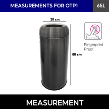 Load image into Gallery viewer, OTP1 65L round stainless steel open-top trash can with domed lid, featuring a fingerprint-resistant finish and durable cylindrical design for hygienic and efficient waste disposal in indoor spaces
