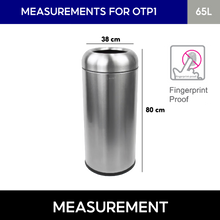 Load image into Gallery viewer, OTP1 65L round stainless steel open-top trash can with domed lid, featuring a fingerprint-resistant finish and sleek cylindrical design for durable and hygienic waste disposal in modern indoor spaces