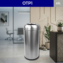 Load image into Gallery viewer, OTP1 65L round stainless steel open-top trash can with domed lid, featuring a sleek cylindrical design and wide disposal opening for efficient waste management in modern indoor spaces