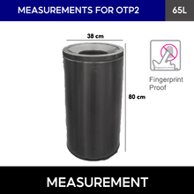 Load image into Gallery viewer, 65L black cylindrical trash/rubbish bin with measurements 68cm by 80cm and fingerprint resistance proof feature shown