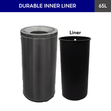 Load image into Gallery viewer, 65L black cylindrical container with open-top and durable inner liner that comes with a plastic bag fixer at the back