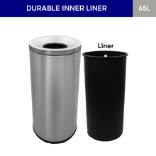 Load image into Gallery viewer, 65L cylindrical stainless steel trash / rubbish bin and black durable inner liner with a ubbish bag fixer at the back