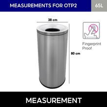 Load image into Gallery viewer, 65L open lid stainless steel trash bin with measurements 38cm by 80cm and fingerprint resistance proof feature shown
