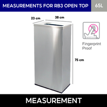 Load image into Gallery viewer, RB3 65L stainless steel open-top trash can with rectangular design, featuring a fingerprint-resistant finish and durable construction for efficient waste disposal in commercial or public spaces