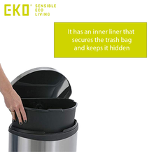 Load image into Gallery viewer, EKO stainless steel trash can with removable inner liner, featuring a hidden bag design that secures trash bags in place while maintaining a clean and seamless exterior appearance