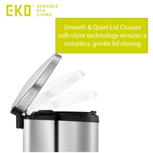 Load image into Gallery viewer, EKO stainless steel trash can with soft-close lid in motion, featuring smooth and quiet closing technology for gentle, noise-free operation and modern kitchen use