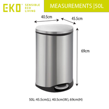 Load image into Gallery viewer, EKO 50L round stainless steel trash can with step pedal, featuring a sleek cylindrical design, fingerprint-resistant finish and durable construction for modern hands-free waste disposal