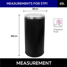 Load image into Gallery viewer, 65L cylindrical black trash/rubbish bin with measurements 38cm by 80cm and fingerprint resistance proof feature shown