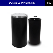 Load image into Gallery viewer, 65L cylindrical black trash/rubbish bin with a silver lid and durable inner liner with a rubbish bag fixer at the back