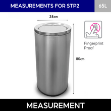 Load image into Gallery viewer, 65L stainless steel trash bin with dimensions 30cm by 80cm and fingerprint resistance proof feature shown