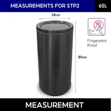 Load image into Gallery viewer, 65L black cylindrical trash/rubbish bin with measurements 38cm by 80cm and fingerprint resistance proof feature shown