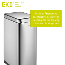 Load image into Gallery viewer, EKO TouchPro stainless steel trash can with soft-close lid in motion, featuring quiet noise-free closing mechanism, sleek rectangular design and modern durable finish for everyday kitchen use