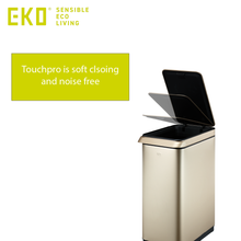 Load image into Gallery viewer, EKO TouchPro stainless steel trash can with soft-close lid in motion, featuring quiet noise-free closing mechanism, sleek rectangular design and modern durable finish for everyday kitchen use