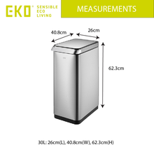 Load image into Gallery viewer, EKO stainless steel trash can with slim rectangular design, featuring a fingerprint-resistant finish, flat lid and modern space-saving shape for everyday kitchen use