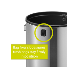 Load image into Gallery viewer, Stainless steel trash can with built-in bag fixer slot, featuring a secure inner mechanism that keeps trash bags firmly in place for a clean and tidy appearanc