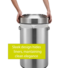 Load image into Gallery viewer, Round stainless steel trash can with removable lid, featuring a hidden liner design that conceals trash bags for a clean, seamless and modern appearance