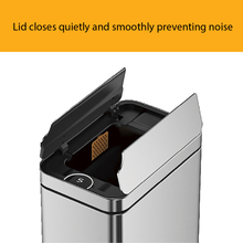 Load image into Gallery viewer, Stainless steel trash can with soft-close lid in motion, featuring a quiet and smooth closing mechanism with modern rectangular design for noise-free everyday use