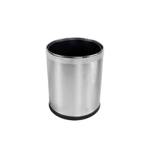 Load image into Gallery viewer, A silver round trash bin with an open top, showing a black bin case that likely holds a plastic bag. - front view