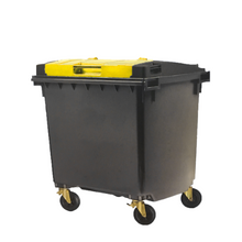 Load image into Gallery viewer, A black 4 wheel mobile garbage bin with a yellow lid.