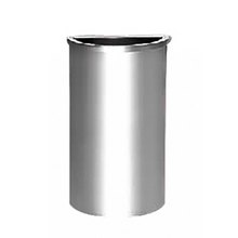 Load image into Gallery viewer, A semi-round stainless steel trash can with an open top lid.